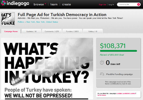На полосу в NYT о событиях в Турции скинулись через IndiGoGo