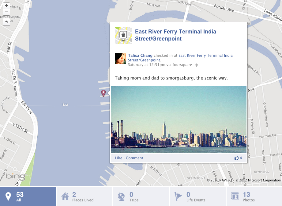 Чекины из Foursquare теперь отображаются на карте в хронике Facebook